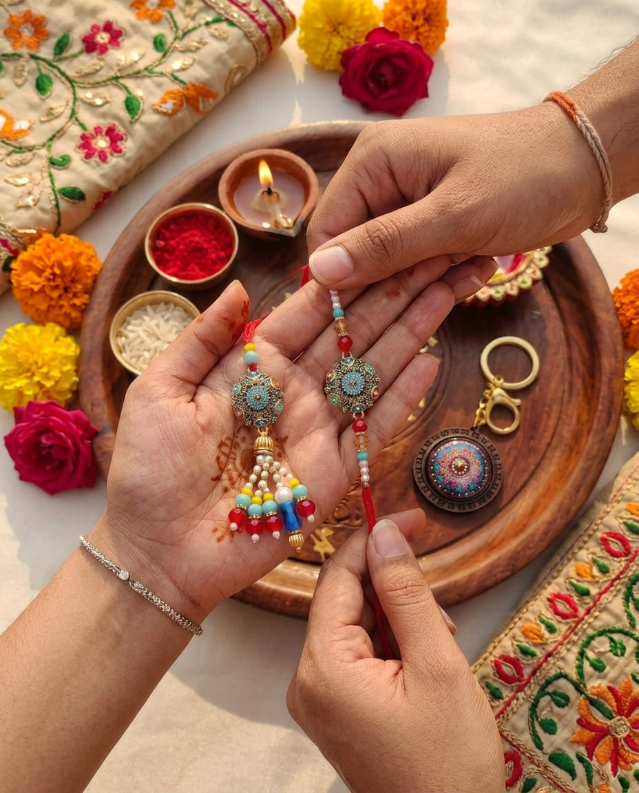 Designer Rakhi, Lumba Rakhi & Mandala Keychain | Bhai Bhabhi Raksha Bandhan Rakhi Set