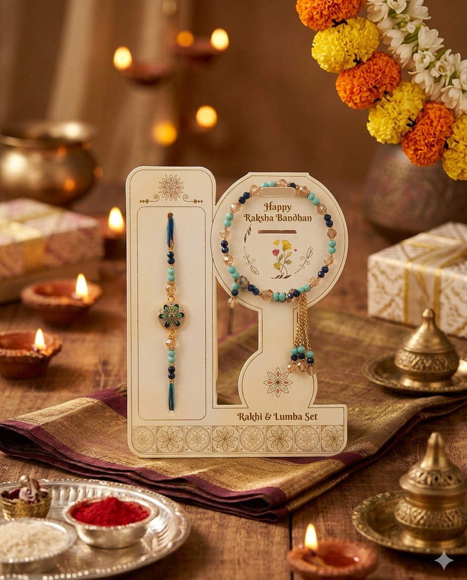 Designer Blue Floral Rakhi with Beaded Bracelet for Brother | Premium Handmade Raksha Bandhan Rakhi Gift