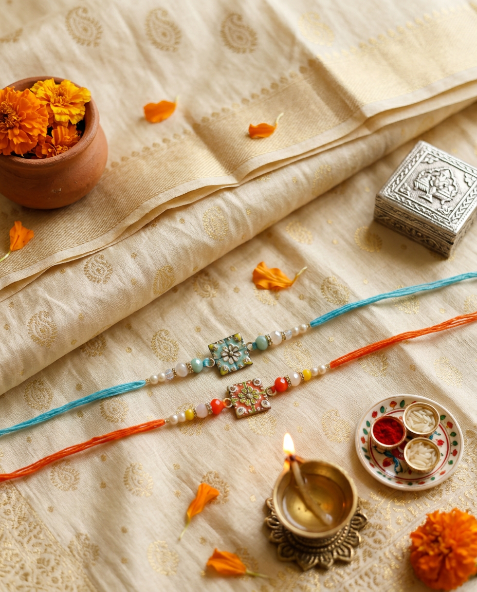Handmade Designer Bhai Rakhi Set with Floral Enamel Charm & Pearl Beads | Premium Raksha Bandhan Rakhi for Brother|Pack of 2