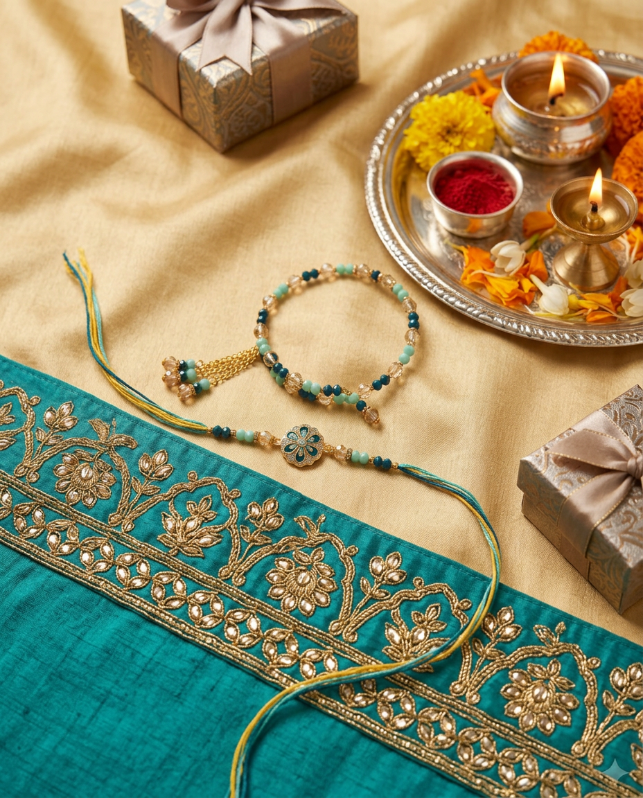 Designer Blue Floral Rakhi with Beaded Bracelet for Brother | Premium Handmade Raksha Bandhan Rakhi Gift