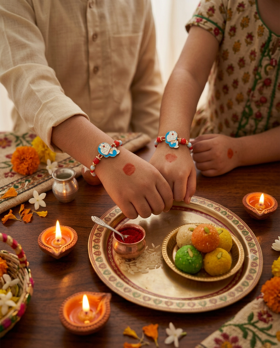 Doraemon Kids Rakhi Set of 2 with Red Beads – Cute Cartoon Rakhi for Brothers | Handmade Designer Raksha Bandhan Rakhi