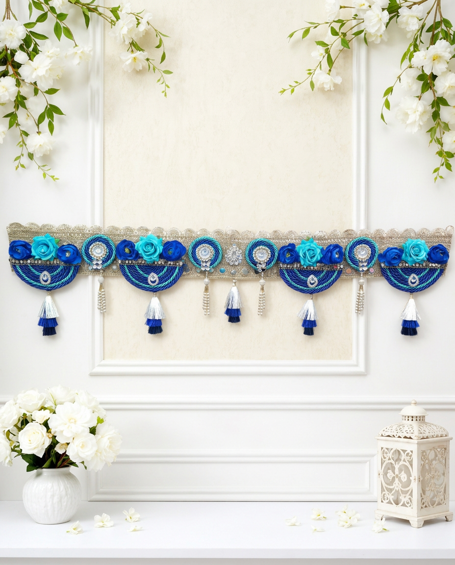 Blue Flower Bandanwar for Main Door Entrance | Handmade Decorative Toran with Tassels for Home, Diwali & Housewarming Decor