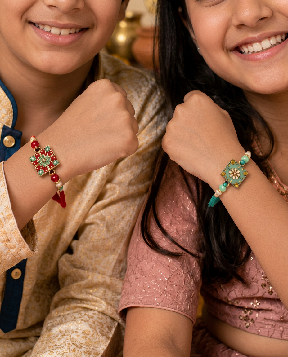 Handmade Designer Bhai Rakhi Set with Floral Enamel Charm & Pearl Beads | Premium Raksha Bandhan Rakhi for Brother|Pack of 2