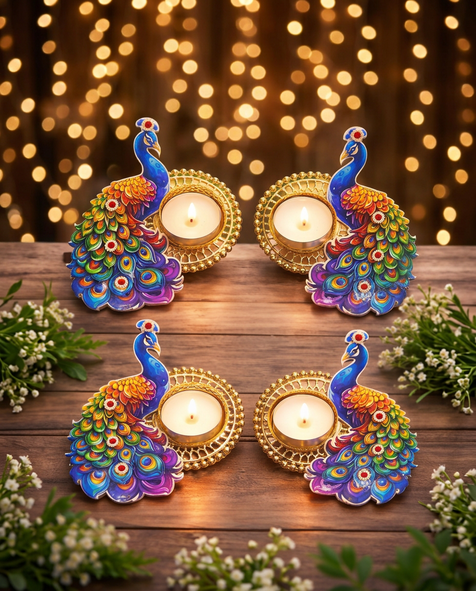 Peacock Tealight Candle Holder Set for Diwali Decoration | Handmade Peacock Diya Stand for Home Décor & Festive Gifting| Pack Of 4