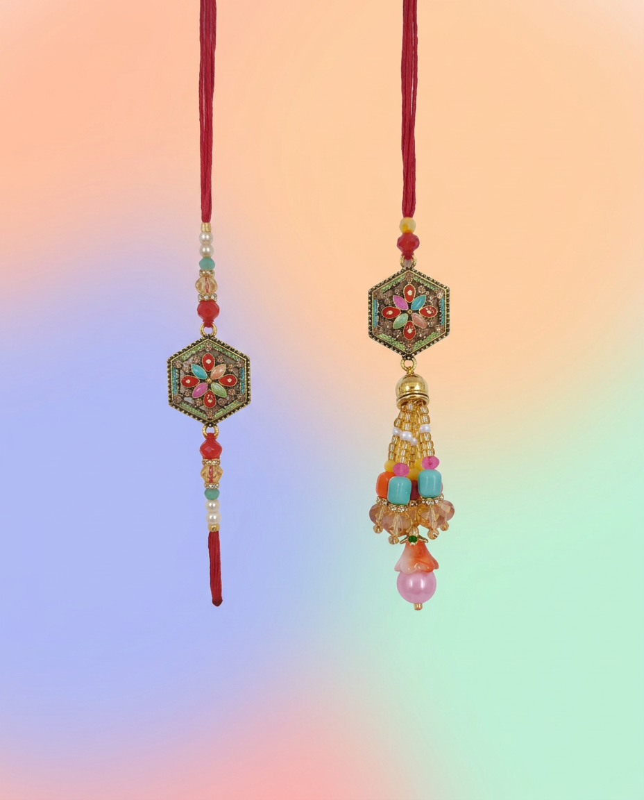 Bhaiya Bhabhi Rakhi | 2 Handcrafted Rakhis with Meenakari Pendant and Beaded Tassels, Gift Box Included