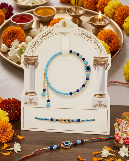 Bhaiya Bhabhi Rakhi | Evil Eye Rakhi and Beaded Bracelet Combo with Turquoise and Lapis Beads, Gift Card Stand Included