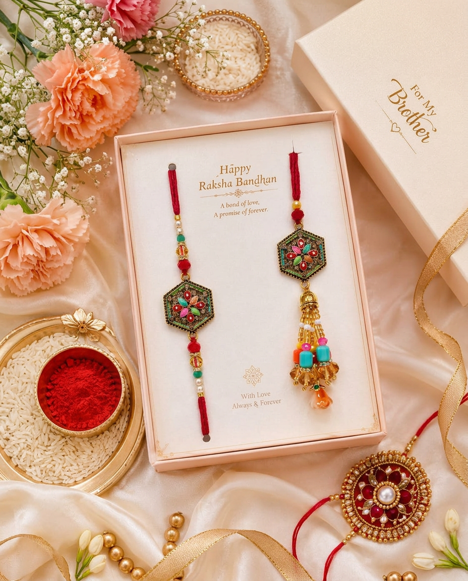 Bhaiya Bhabhi Rakhi | 2 Handcrafted Rakhis with Meenakari Pendant and Beaded Tassels, Gift Box Included