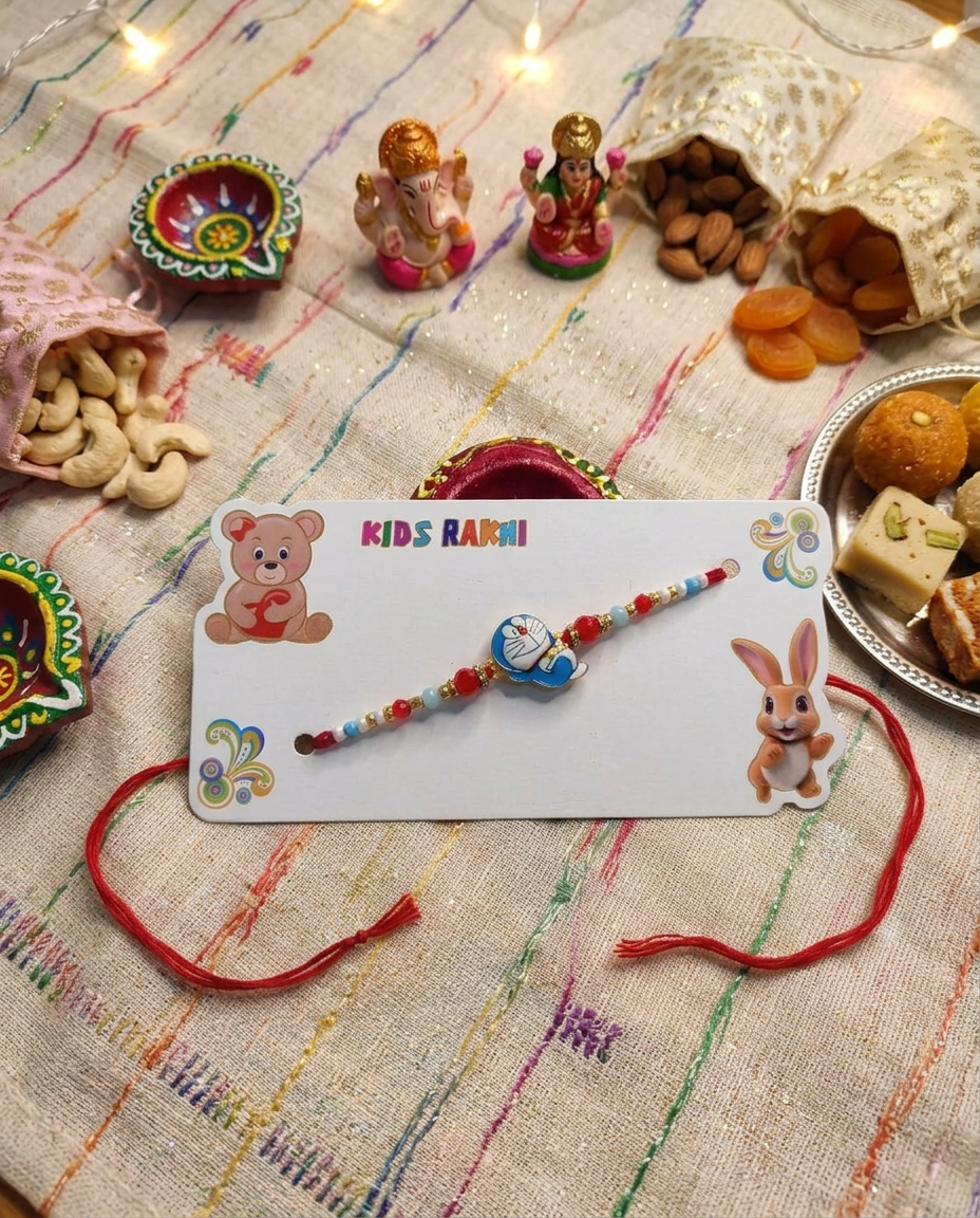 Doraemon Kids Rakhi Set of 2 with Red Beads – Cute Cartoon Rakhi for Brothers | Handmade Designer Raksha Bandhan Rakhi