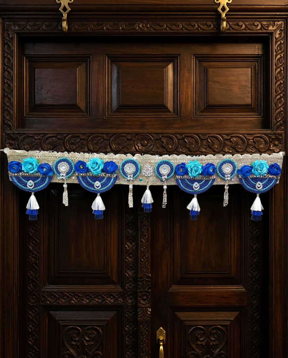 Blue Flower Bandanwar for Main Door Entrance | Handmade Decorative Toran with Tassels for Home, Diwali & Housewarming Decor