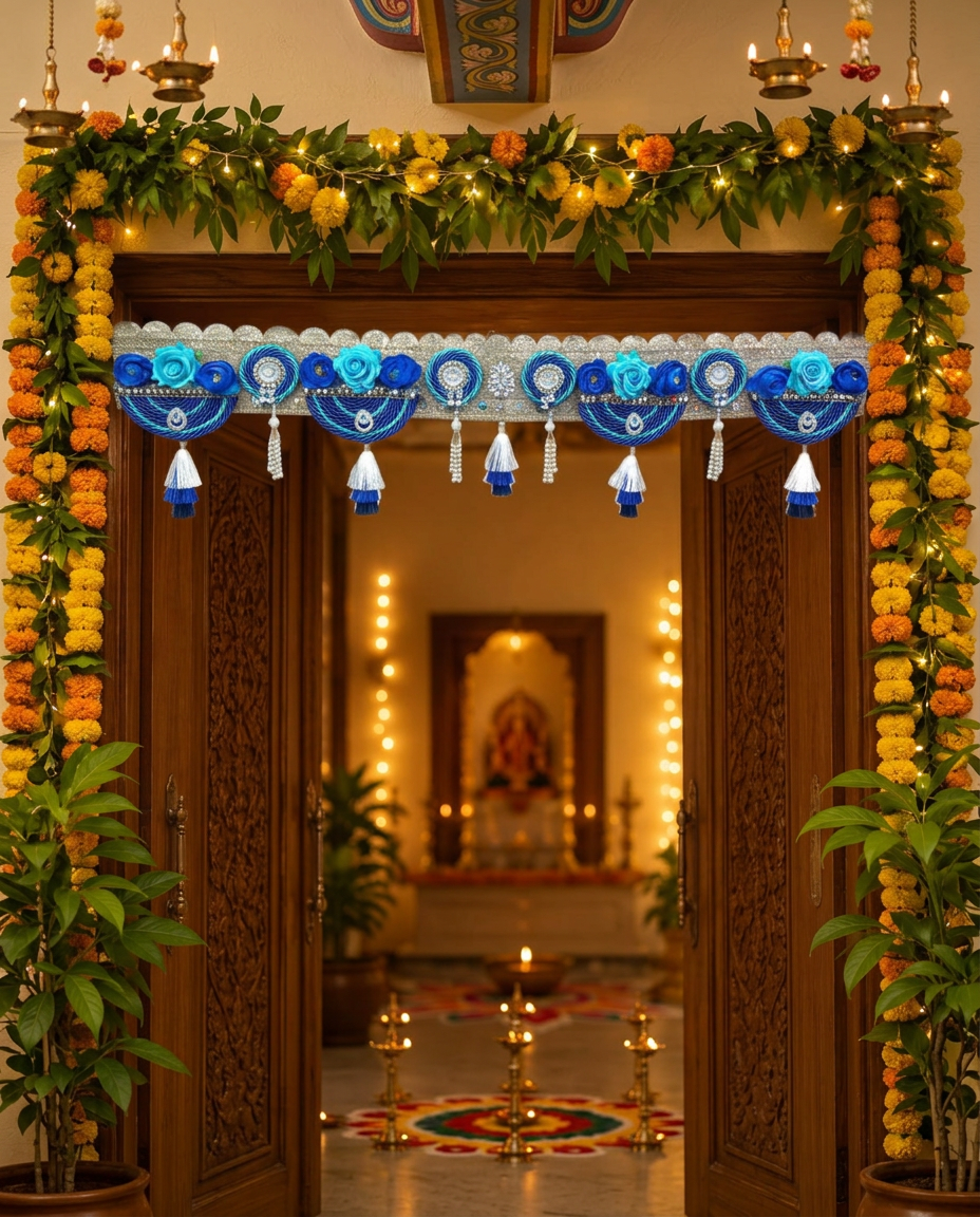 Blue Flower Bandanwar for Main Door Entrance | Handmade Decorative Toran with Tassels for Home, Diwali & Housewarming Decor