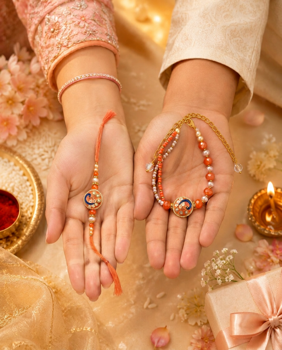Designer Bhai Bhabhi Rakhi Set with Lumba Rakhi | Premium Handmade Raksha Bandhan Rakhi Set