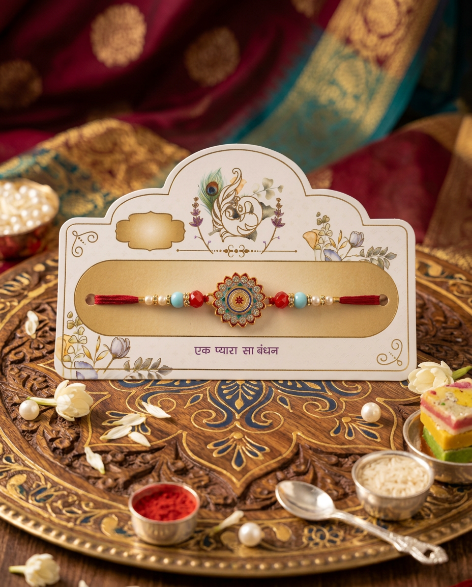 Premium Designer Peacock Rakhi for Brother with Kundan & Beads | Handmade Raksha Bandhan Rakhi Set of 2