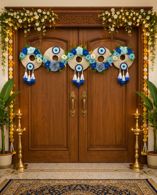 Handmade Evil Eye Bandanwar for Main Door | Blue & White Floral Bandanwar | Jute Door Hanging Toran for Home Entrance & Festive Decor