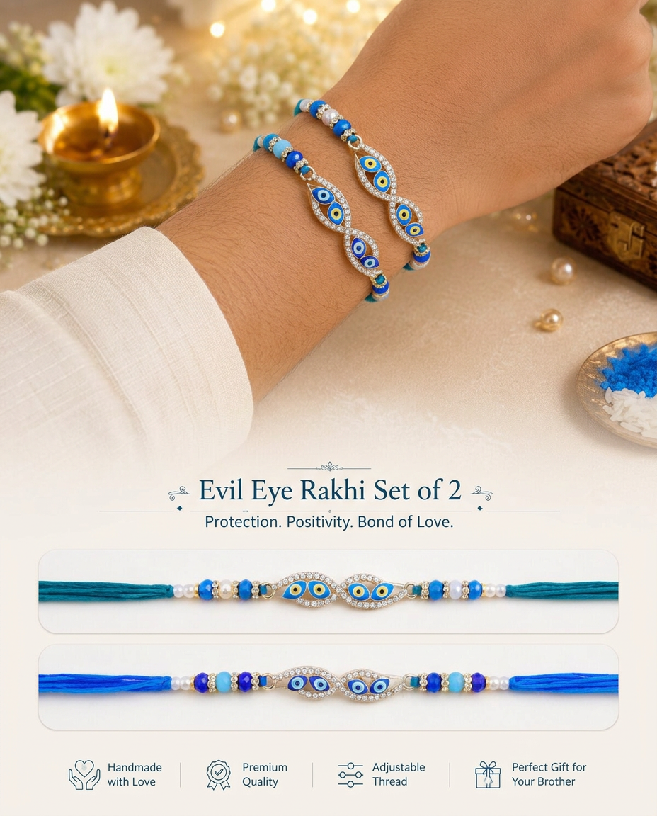 Premium Evil Eye Rakhi Set of 2 for Brother | Handmade Blue Nazar Rakhi with Beads | Raksha Bandhan Gift