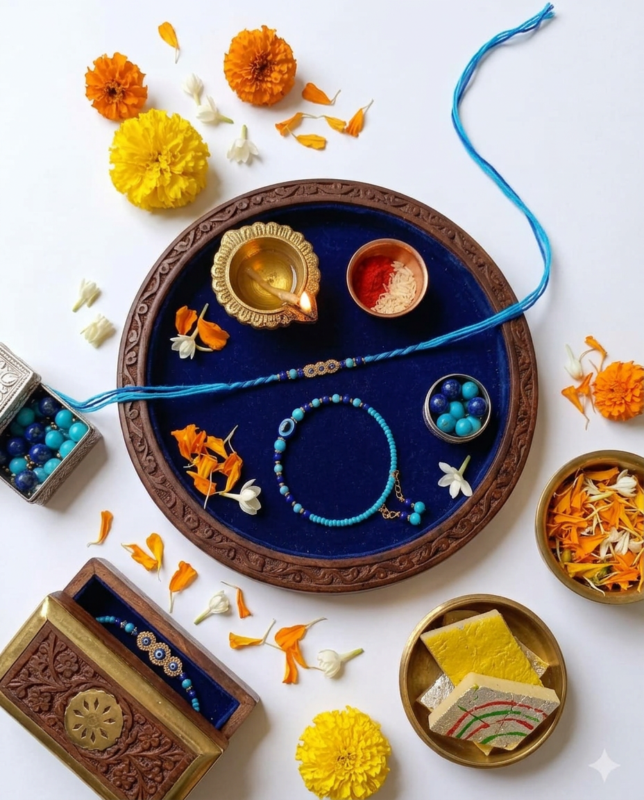 Bhaiya Bhabhi Rakhi | Evil Eye Rakhi and Beaded Bracelet Combo with Turquoise and Lapis Beads, Gift Card Stand Included
