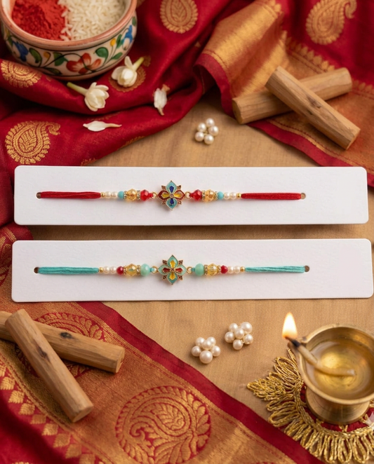 Designer Bhai Rakhi Set with Floral Kundan Charm | Premium Handmade Raksha Bandhan Rakhi for Brother| Pack of 2