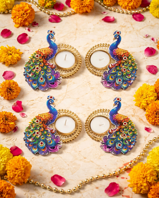 Peacock Tealight Candle Holder Set for Diwali Decoration | Handmade Peacock Diya Stand for Home Décor & Festive Gifting| Pack Of 4