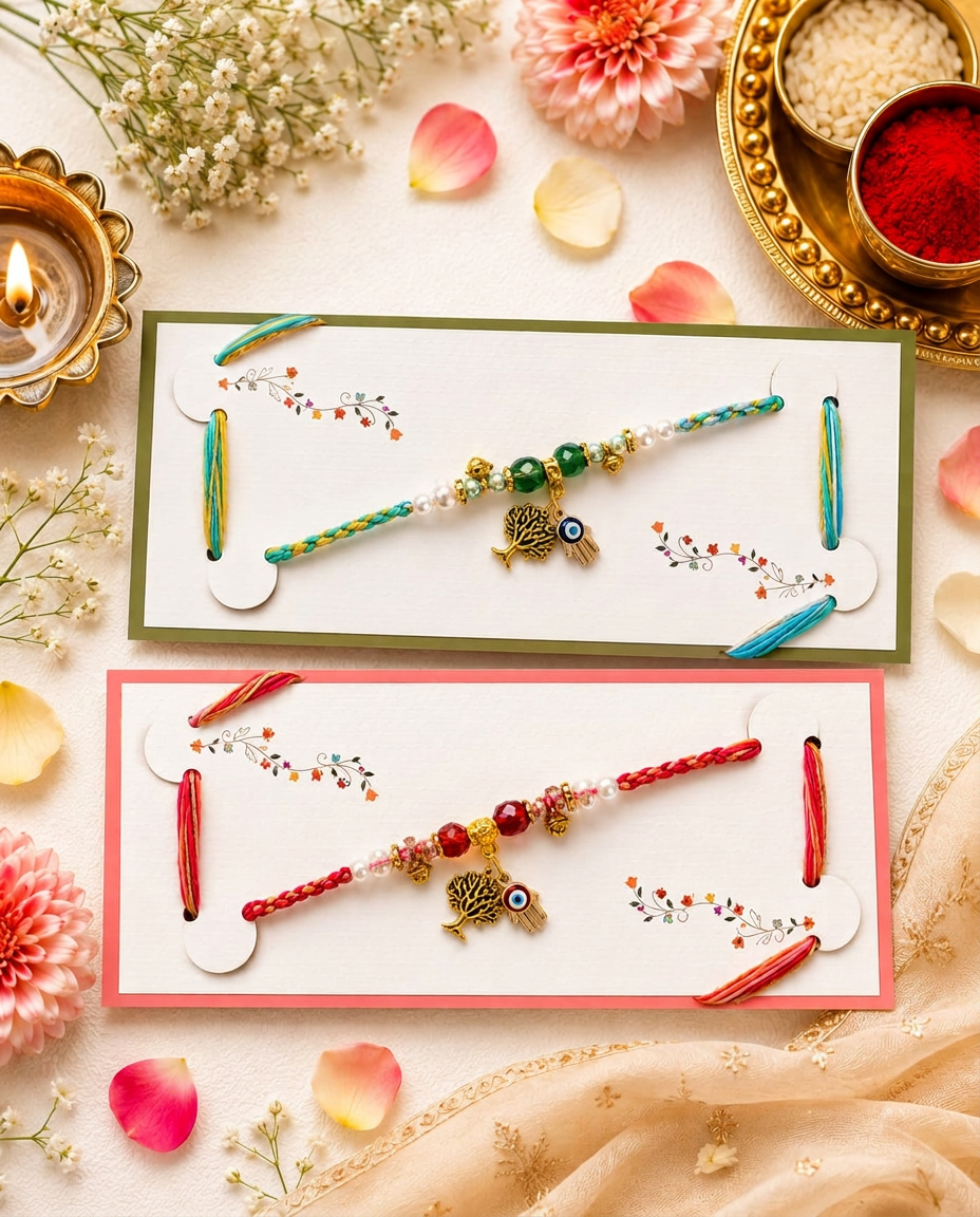 Set of 2 Evil Eye Tree Rakhi for Brother | Handmade Designer Rakhi with Pearl Beads |