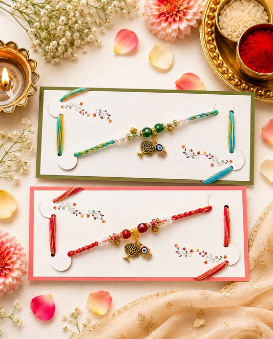 Set of 2 Evil Eye Tree Rakhi for Brother | Handmade Designer Rakhi with Pearl Beads |