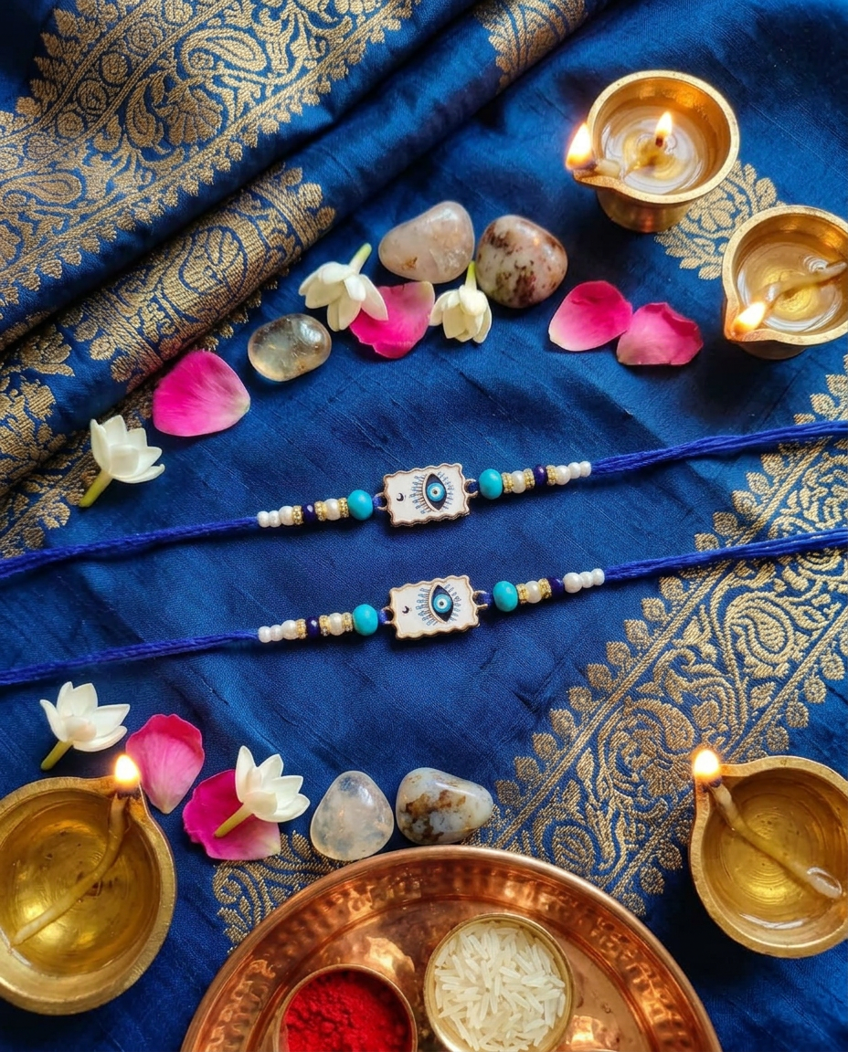 Set of 2 Evil Eye Rakhi for Brother | Blue Beaded Handmade Designer Rakhi Combo | Premium Raksha Bandhan Rakhi
