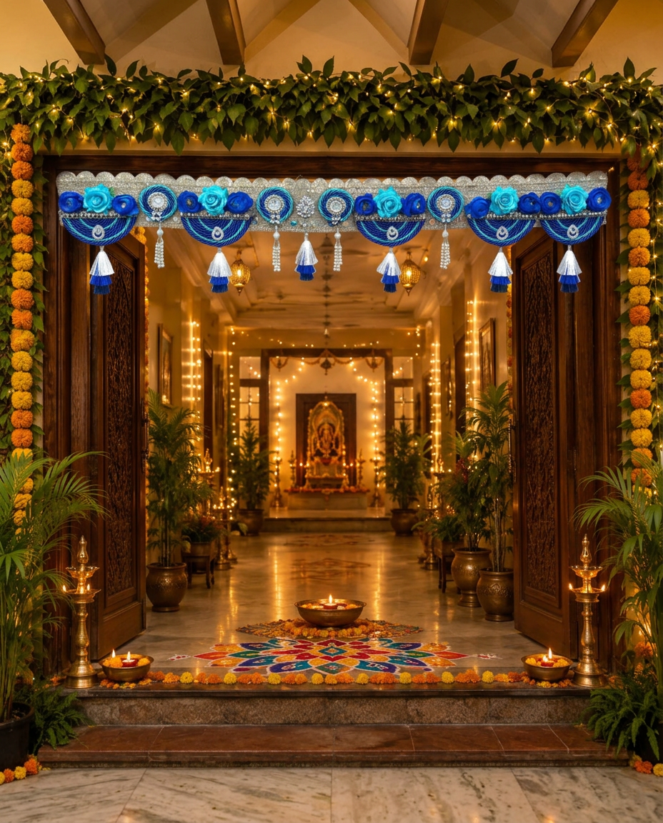 Blue Flower Bandanwar for Main Door Entrance | Handmade Decorative Toran with Tassels for Home, Diwali & Housewarming Decor