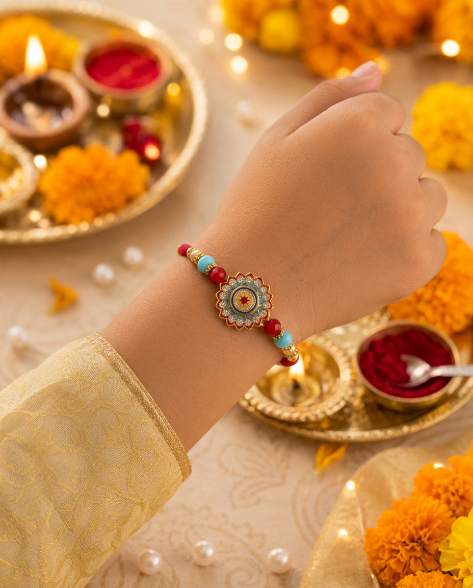 Premium Designer Peacock Rakhi for Brother with Kundan & Beads | Handmade Raksha Bandhan Rakhi Set of 2