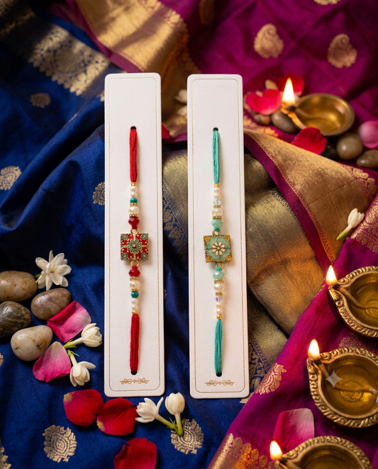 Handmade Designer Bhai Rakhi Set with Floral Enamel Charm & Pearl Beads | Premium Raksha Bandhan Rakhi for Brother|Pack of 2