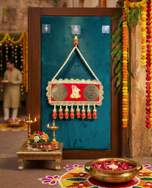 Shubh Labh Ganesh Door Hanging Wall Decor | Handmade Pearl Toran for Home Entrance | Vastu & Diwali Decoration