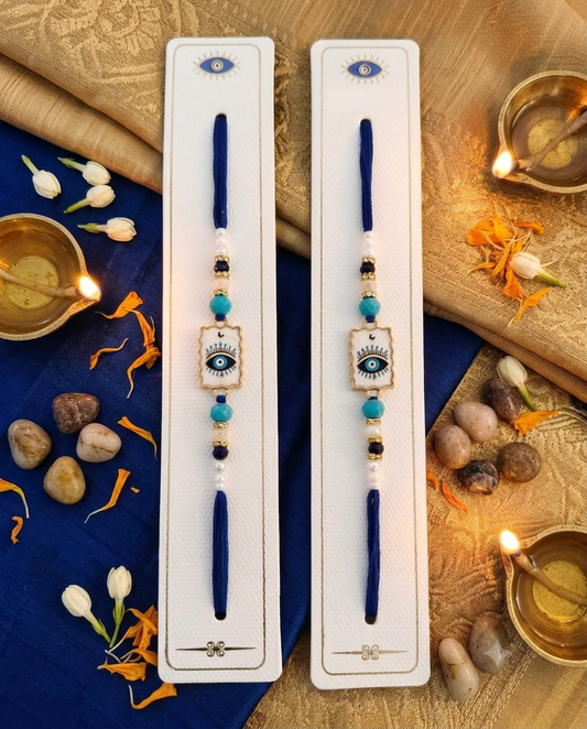 Set of 2 Evil Eye Rakhi for Brother | Blue Beaded Handmade Designer Rakhi Combo | Premium Raksha Bandhan Rakhi