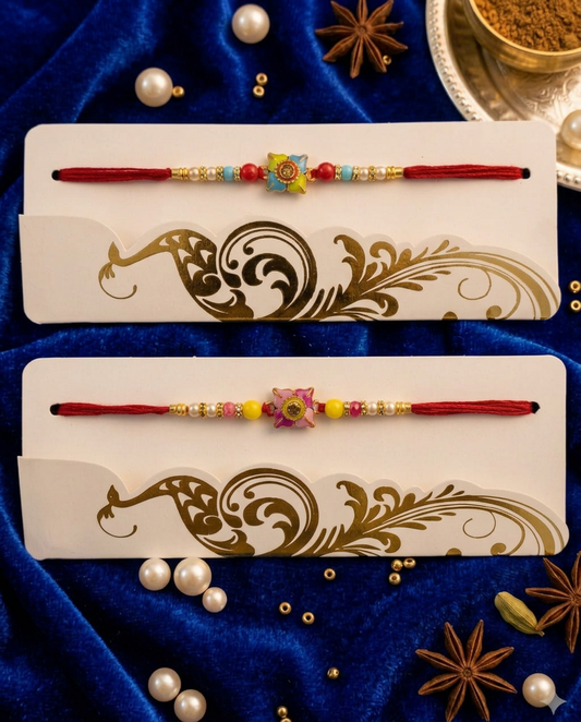 Floral Rakhi Set of 2 for Brother | Designer Beaded Raksha Bandhan Rakhi with Red Thread