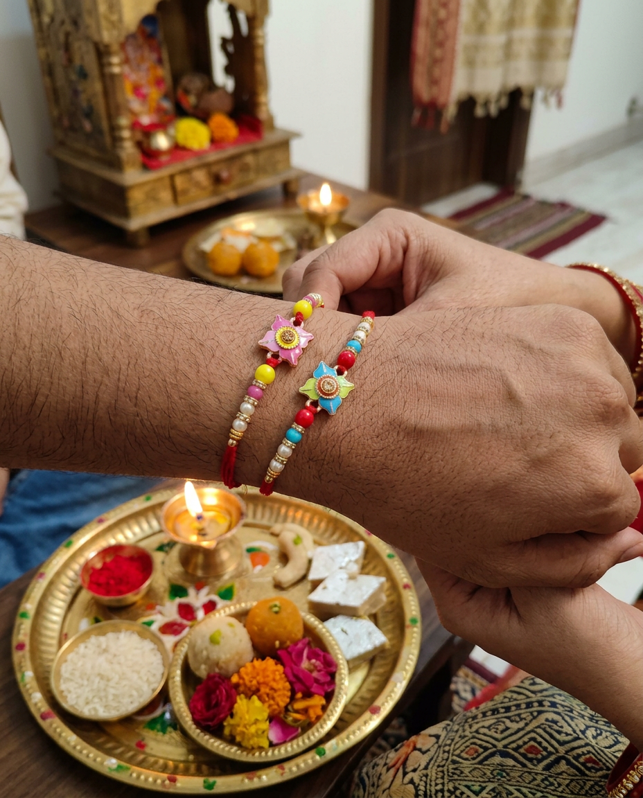 Floral Rakhi Set of 2 for Brother | Designer Beaded Raksha Bandhan Rakhi with Red Thread