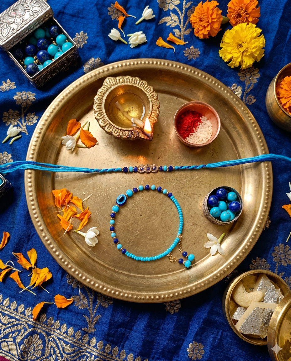 Bhaiya Bhabhi Rakhi | Evil Eye Rakhi and Beaded Bracelet Combo with Turquoise and Lapis Beads, Gift Card Stand Included