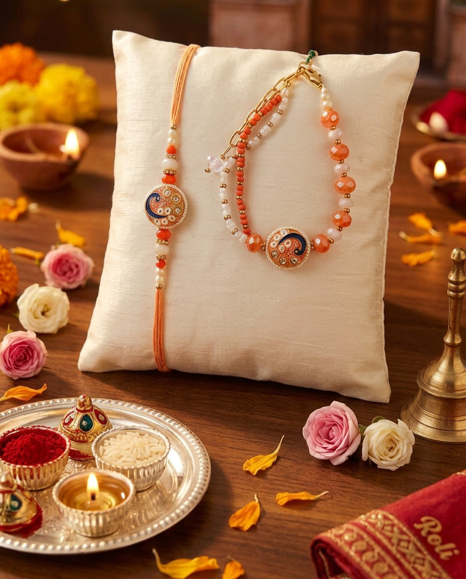 Designer Bhai Bhabhi Rakhi Set with Lumba Rakhi | Premium Handmade Raksha Bandhan Rakhi Set