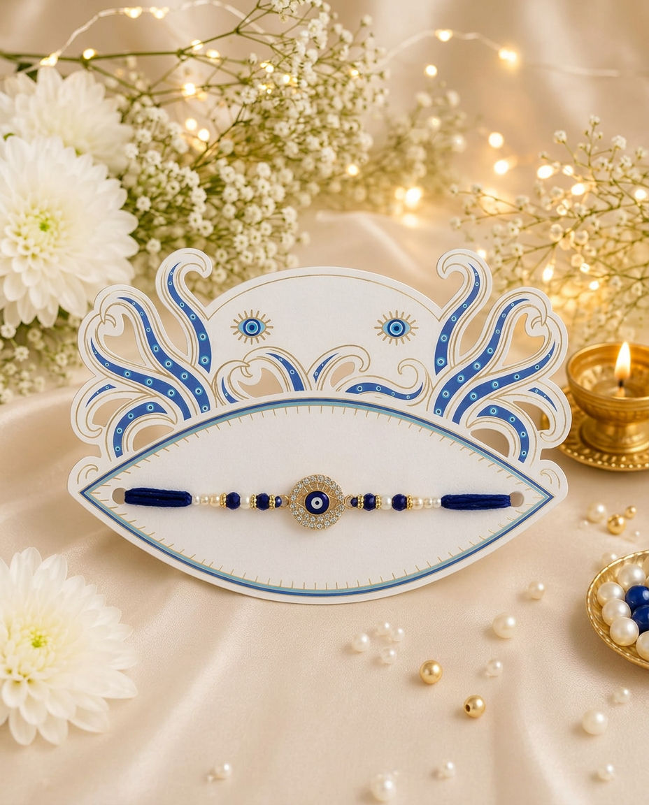 Blue Evil Eye Rakhi for Brother with Premium Designer Rakhi Card | Nazar Protection Rakhi | Traditional Raksha Bandhan Gift