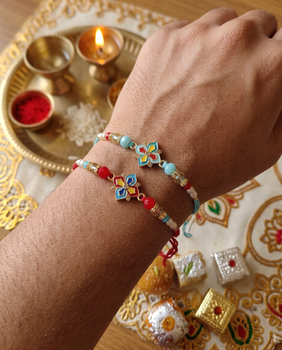 Designer Bhai Rakhi Set with Floral Kundan Charm | Premium Handmade Raksha Bandhan Rakhi for Brother| Pack of 2