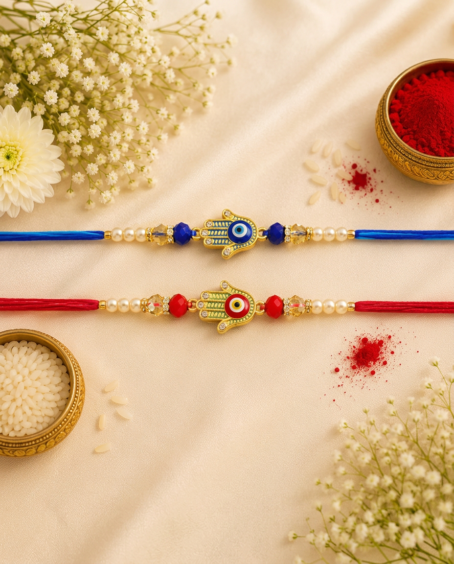 Set of 2 Evil Eye Hamsa Hand Rakhi for Brother | Handmade Pearl Beaded Rakhi Combo | Premium Designer Raksha Bandhan Rakhi