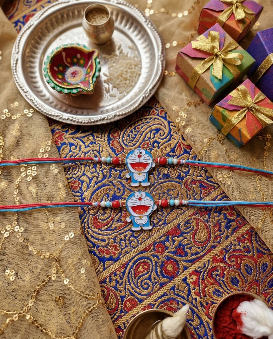 Doraemon Kids Rakhi for Brother | Cute Cartoon Rakhi with Beads | Handmade Designer Rakhi for Boys | Raksha Bandhan Rakhi