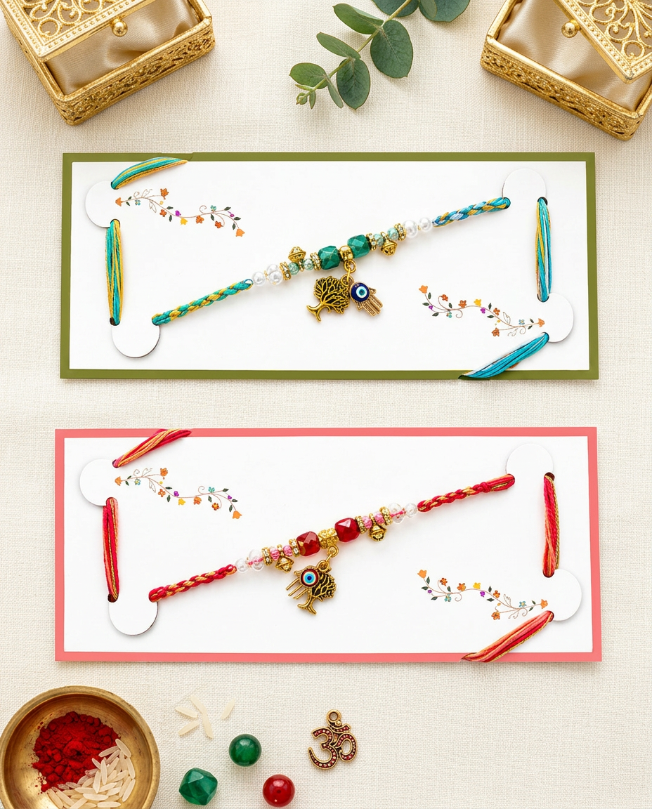 Set of 2 Evil Eye Tree Rakhi for Brother | Handmade Designer Rakhi with Pearl Beads |
