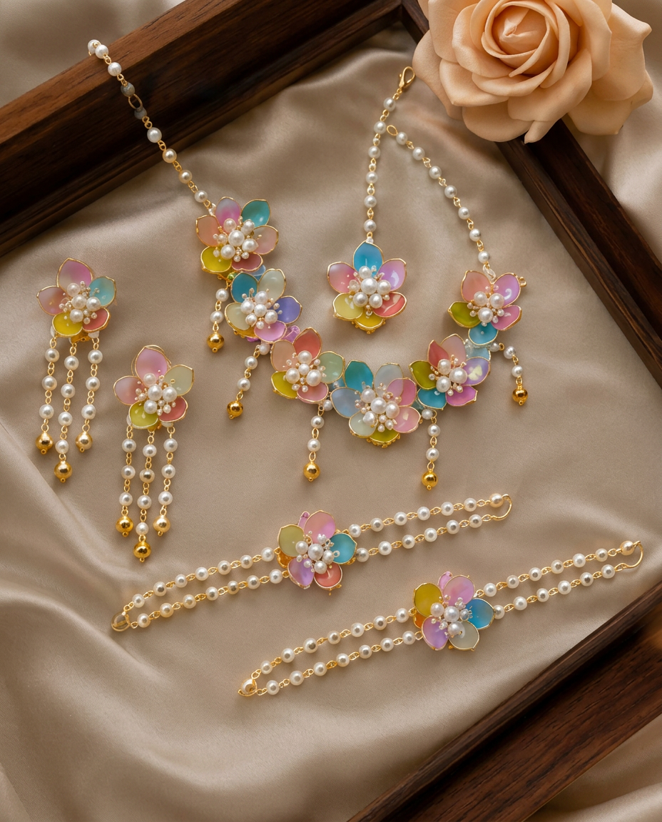 Multicolor Floral Pearl Jewellery Set for Women | Handmade Necklace, Earrings, Maang Tikka & Hathphool Set | Bridal, Haldi, Mehndi & Wedding Floral Jewellery