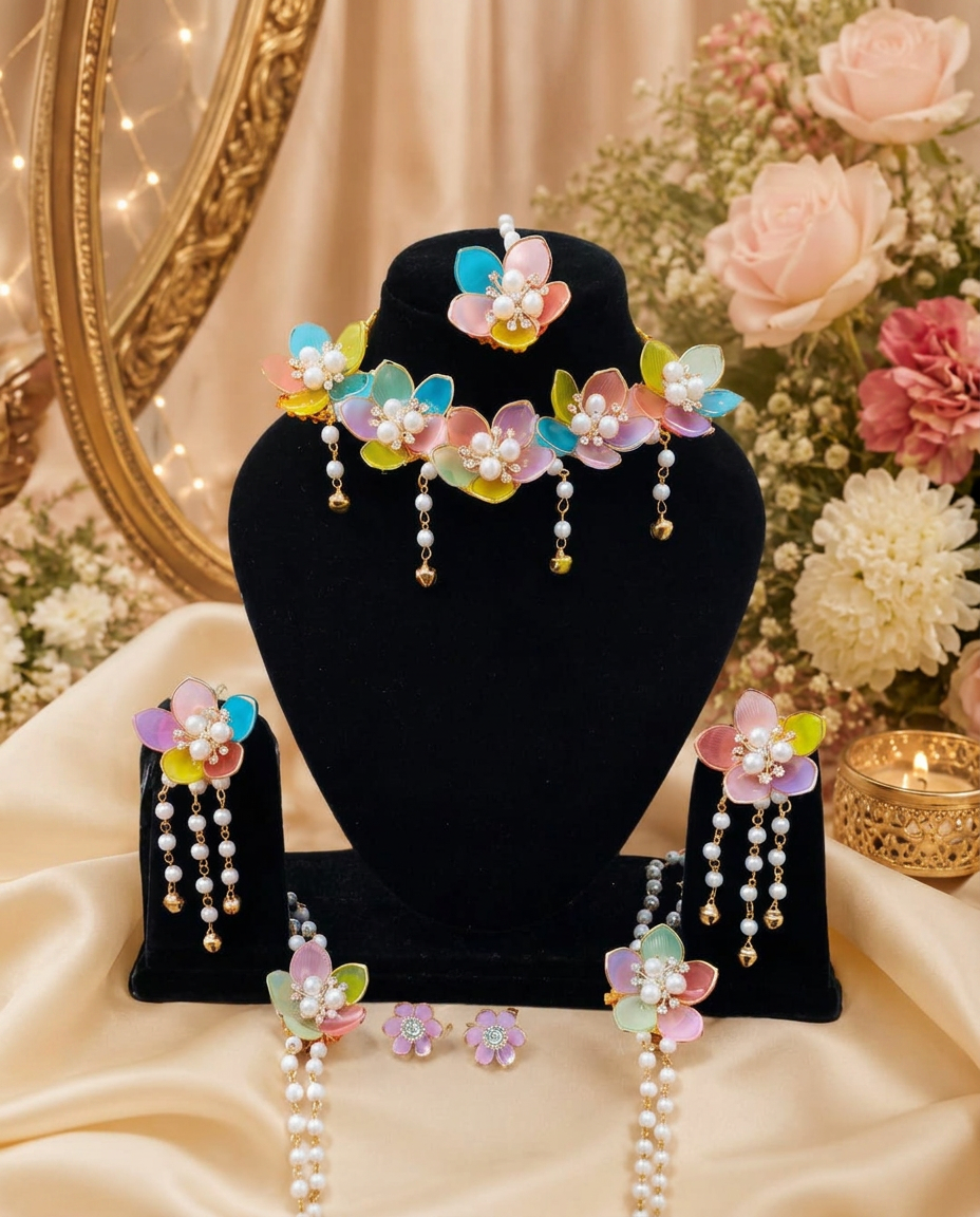 Multicolor Floral Pearl Jewellery Set for Women | Handmade Necklace, Earrings, Maang Tikka & Hathphool Set | Bridal, Haldi, Mehndi & Wedding Floral Jewellery