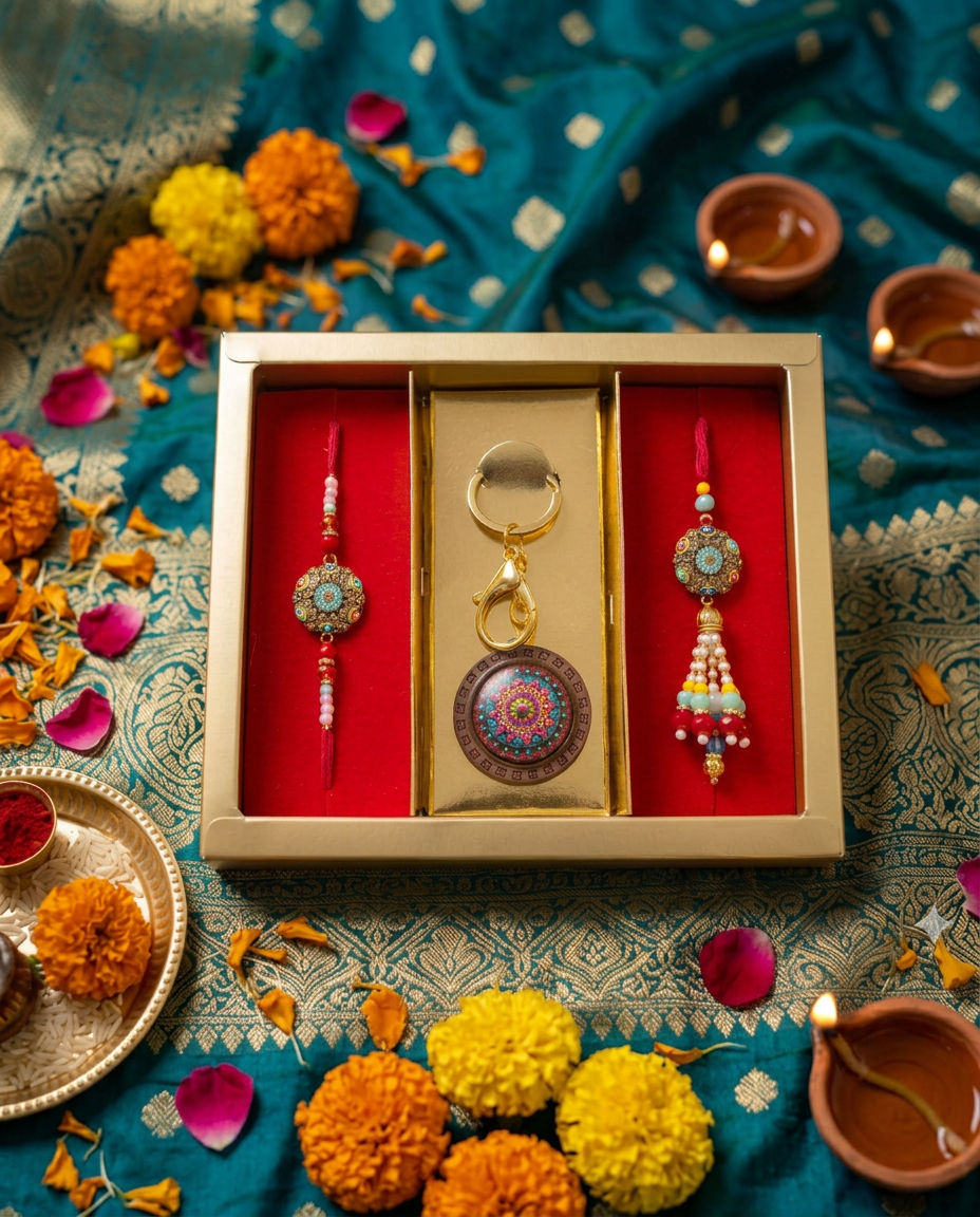 Premium Rakhi Gift Set with Designer Rakhi, Lumba Rakhi & Mandala Keychain | Festive Raksha Bandhan Gift Box