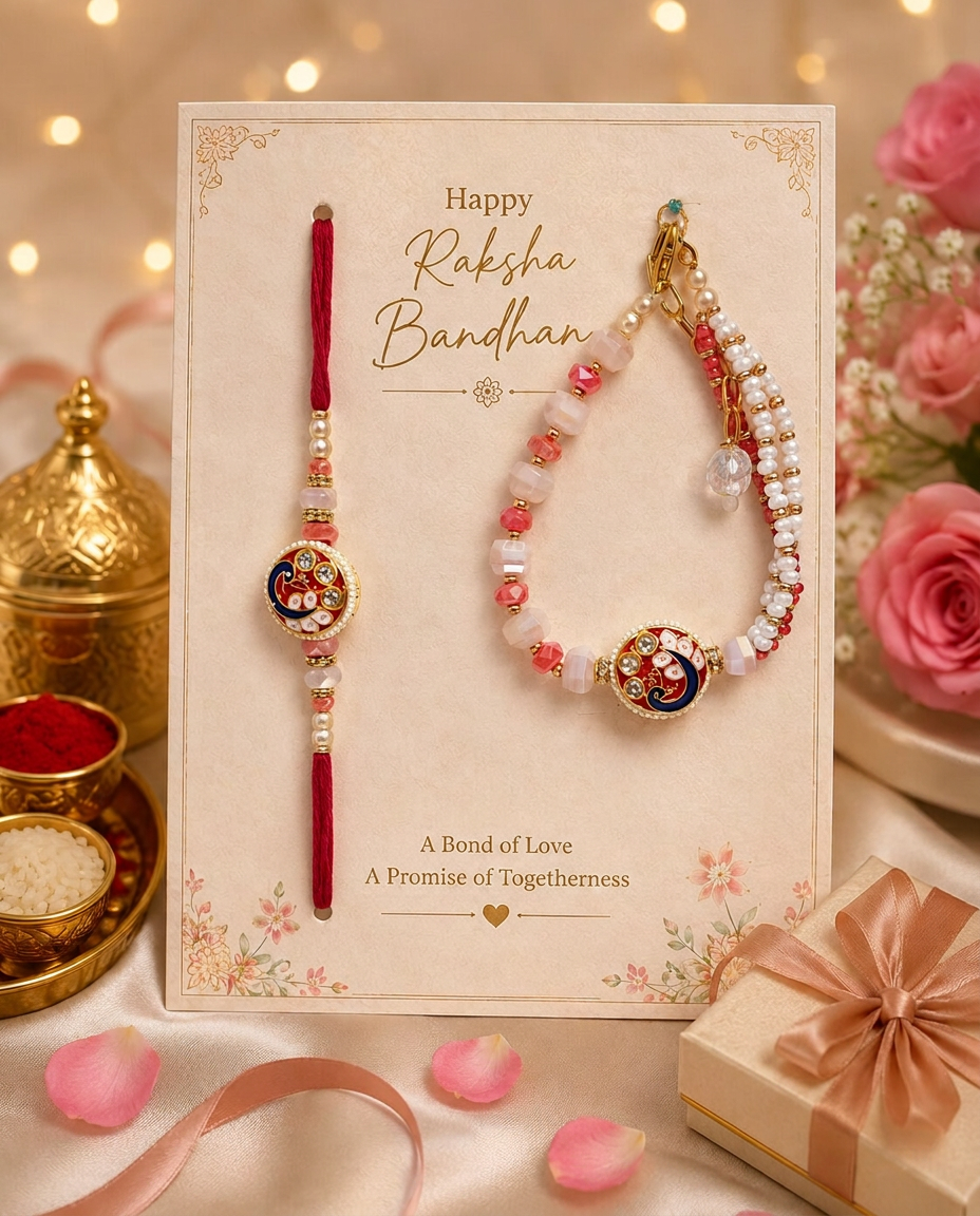 Designer Bhai Bhabhi Rakhi Set with Lumba Rakhi | Premium Handmade Raksha Bandhan Rakhi Set