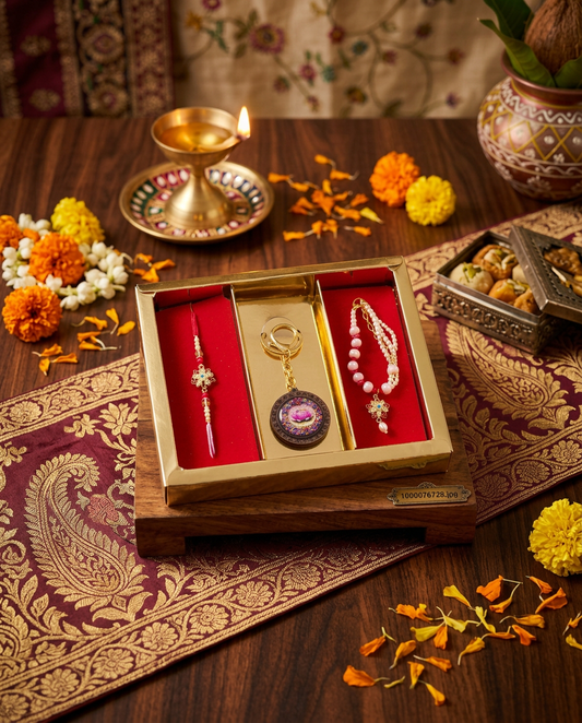 Evil Eye Bhai Bhabhi Rakhi Set with Lotus Keychain | Premium Raksha Bandhan Gift Combo