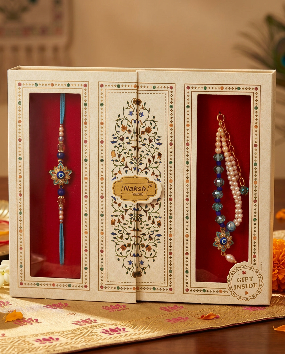 Premium Evil Eye Bhai Bhabhi Rakhi Gift Set featuring a blue designer rakhi, matching lumba rakhi, and lotus keychain in festive gift box for Raksha Bandhan.