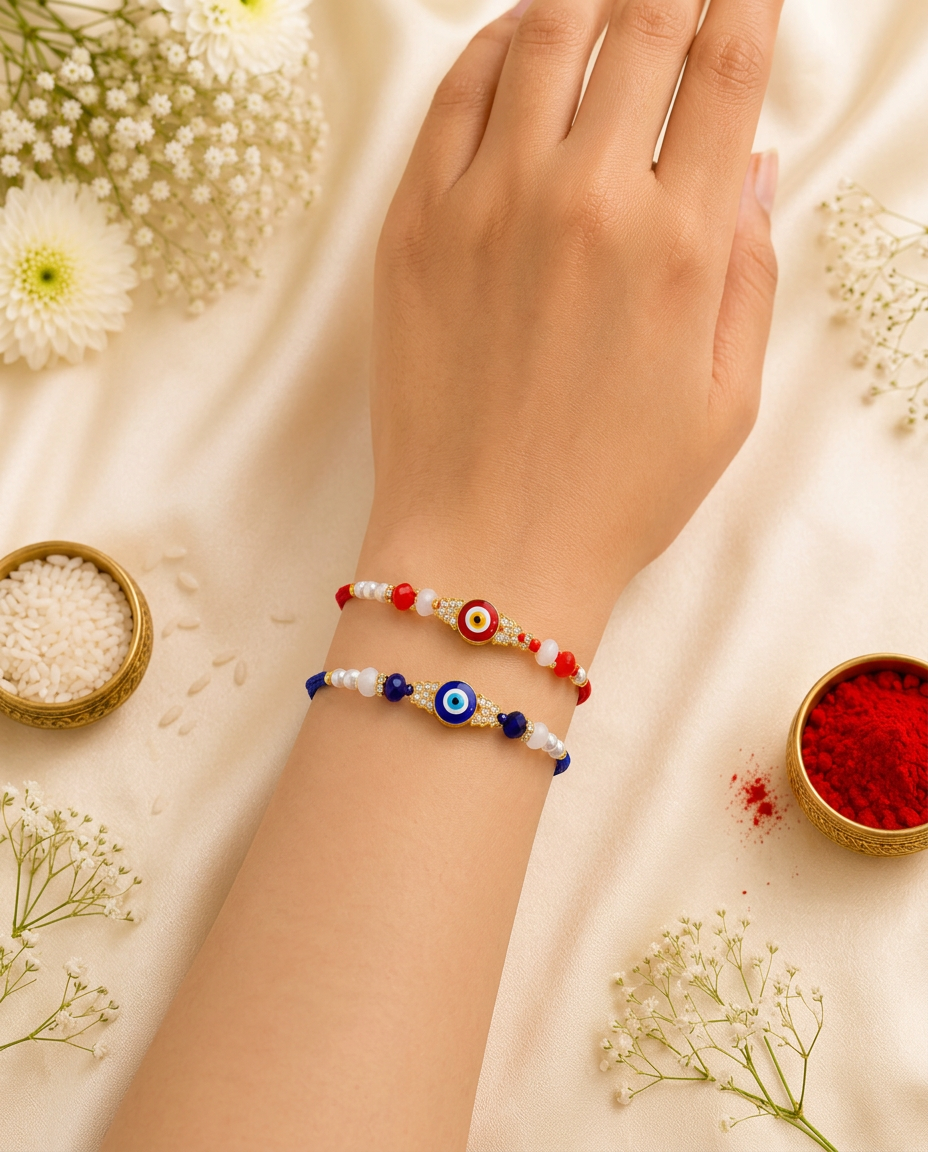 Evil Eye Rakhi Set for Brother | Red & Blue Nazar Rakhi with Pearl Beads | Pack of 2