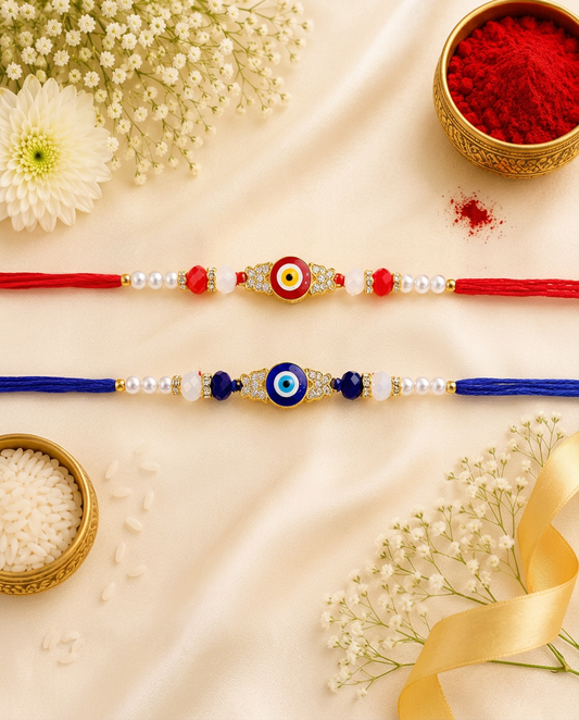 Evil Eye Rakhi Set for Brother | Red & Blue Nazar Rakhi with Pearl Beads | Pack of 2