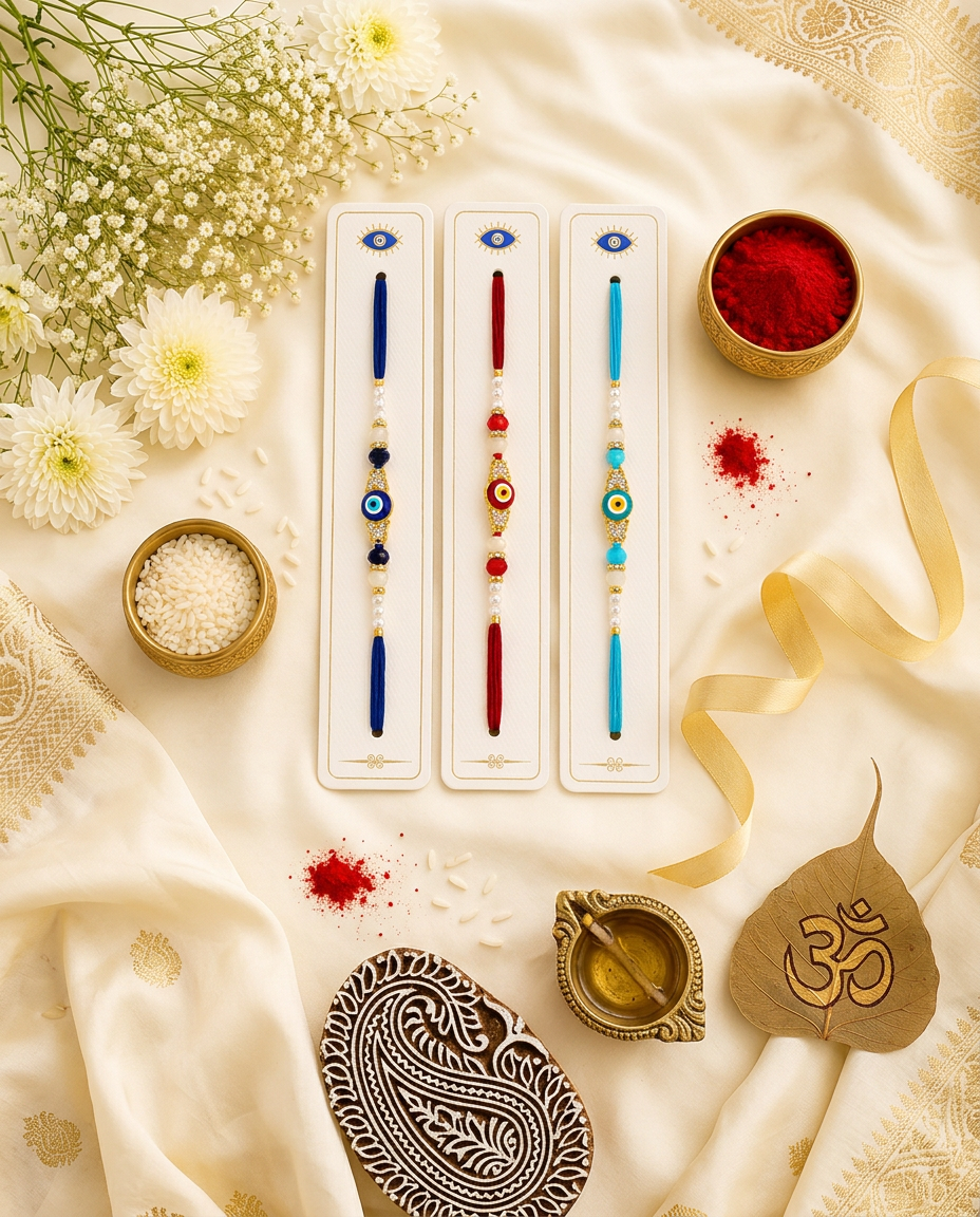 Evil Eye Rakhi Set for Brother | Red & Blue Nazar Rakhi with Pearl Beads | Pack of 2