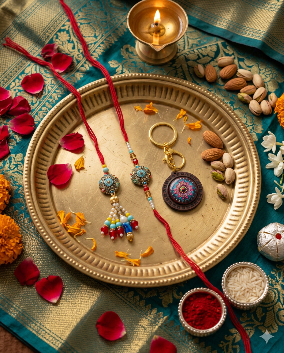 Designer Rakhi, Lumba Rakhi & Mandala Keychain | Bhai Bhabhi Raksha Bandhan Rakhi Set