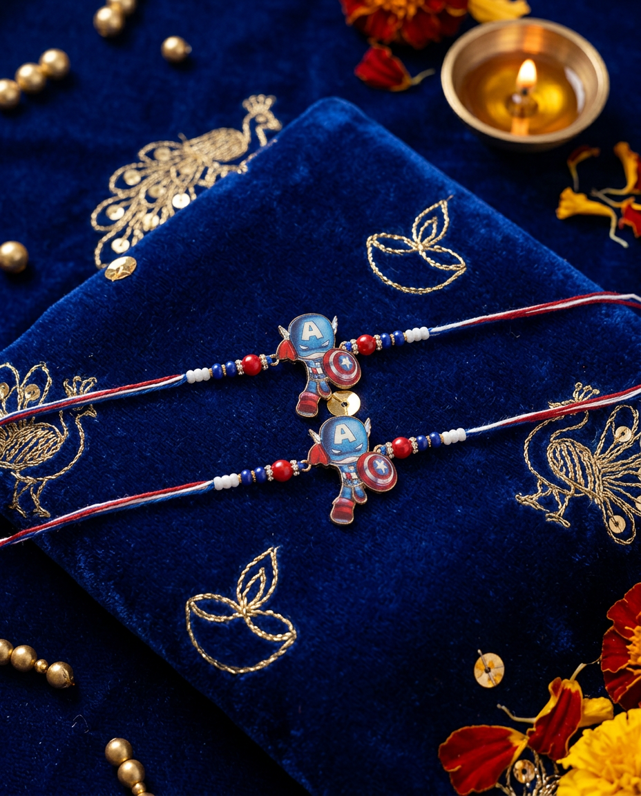 Captain America Kids Rakhi Pack of 2 | Superhero Cartoon Rakhi for Brother | Designer Beaded Rakhi Set |