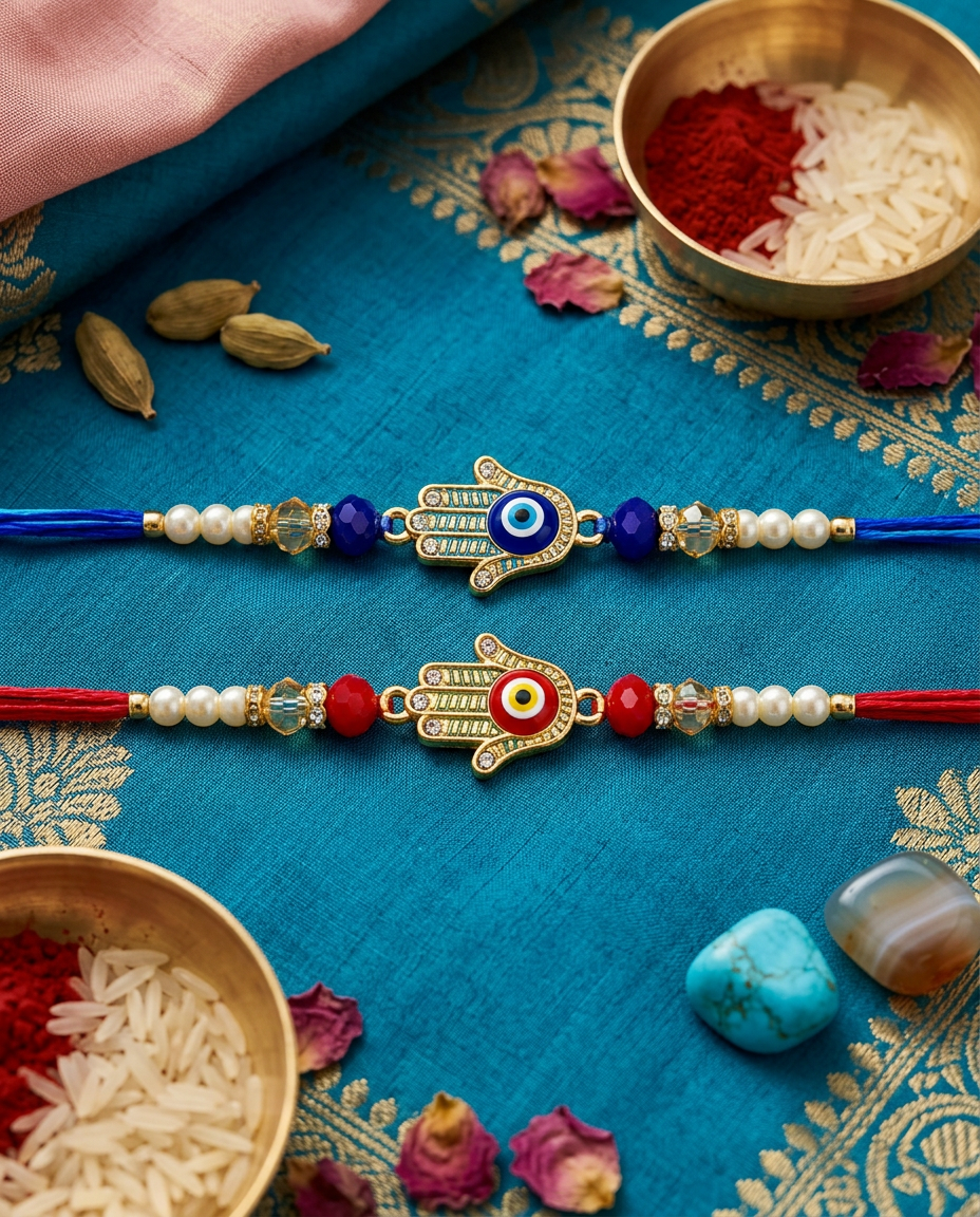 Set of 2 Evil Eye Hamsa Hand Rakhi for Brother | Handmade Pearl Beaded Rakhi Combo | Premium Designer Raksha Bandhan Rakhi